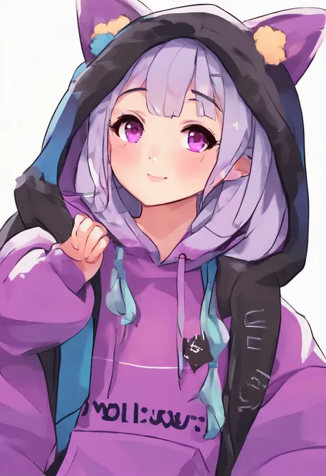 Cute and cuddly femboy in black shorts and purple hoodie