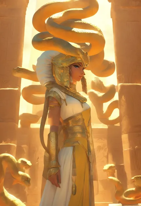 (((snake helmet))) best quality, very high resolution, 4K detailed CG, masterpiece, Egyptian mythology, Renenutet, woman, sun in the background, Ancient Egypt, standing pose, snake helmet, white clothes, clothes Egyptian, Egyptian temple, desert, Ancient E...