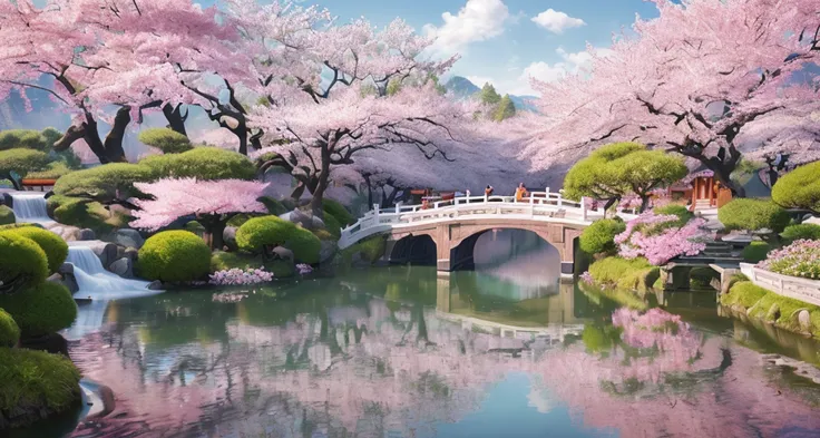 Masterpiece, best quality, high quality, extremely detailed CG unity 8k wallpaper, classical Chinese garden, landscape, amsterdam, summer, ((cherry blossom)), outdoor, sky, daytime, landscape, water, tree, blue sky, waterfall, nature, lake, river, cloudy s...