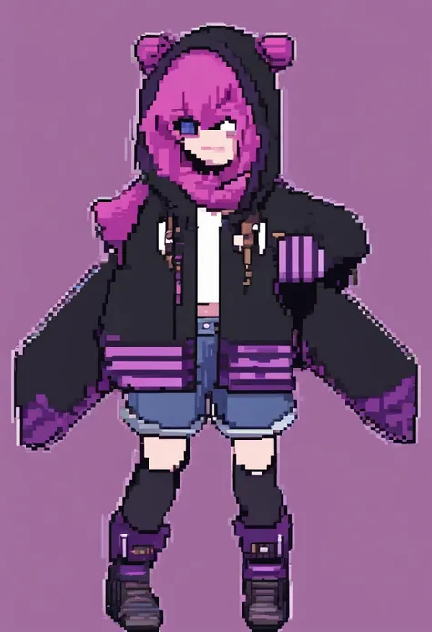 Cute and cuddly femboy in black shorts and purple hoodie