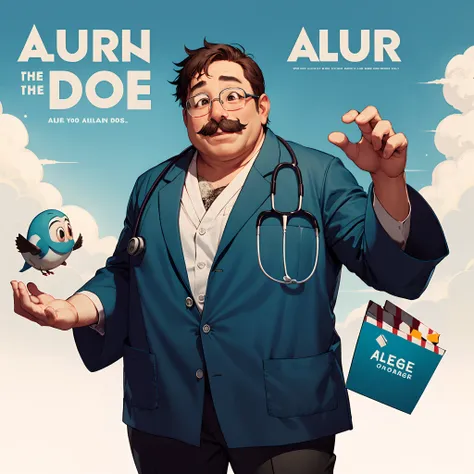 I want a movie poster where the protagonist is a chubby doctor with a short beard and mustache, alegre, that is Pixar-style and that has the title "Arturo"