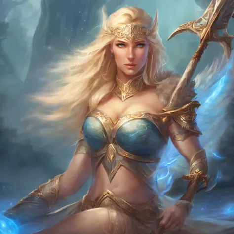 Nordic warrior naked Goddess, blonde hair, fierce blue eyes, full nude body, she is kneeling down, medium perfect breasts, nice pussy