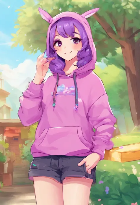 Cute and cuddly femboy in black shorts and purple hoodie