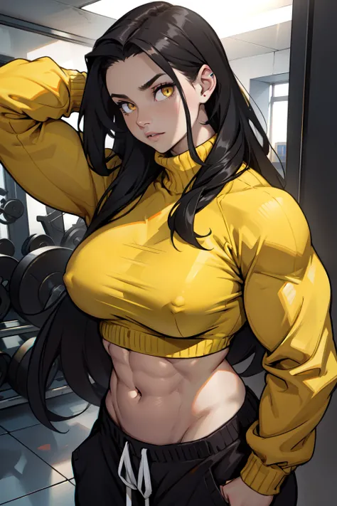 ((1girl bodybuilder)) pale skin black hair very long hair yellow eyes large breasts long sweater sweatpants midriff