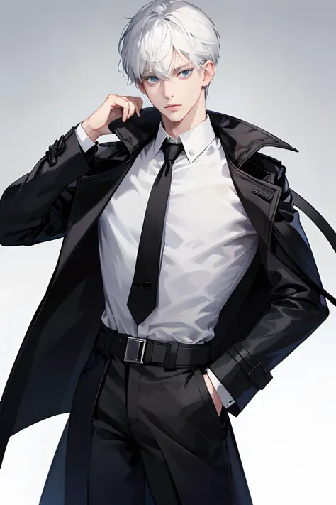 （A boy 1.4），White hair，blueneyes，Wear a black trench coat，White undershirt，Black pantsuit