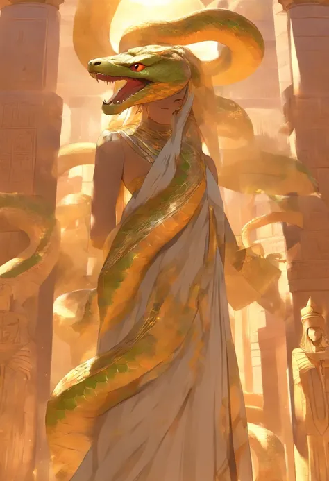 (((serpent face))) best quality, very high resolution, 4K detailed CG, masterpiece, Egyptian mythology, Renenutet, snake goddess, sun in the background, Ancient Egypt, standing pose, serpent face, white clothes , Egyptian clothing , Egyptian temple, desert...