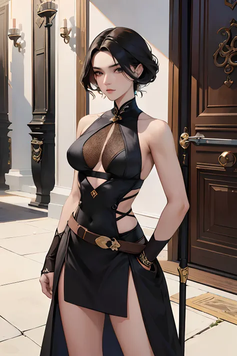 (SFW)1mulher de longos cabelos negros sedosos, olhos negros cativantes, middlebreasts, usando uma vestimenta hunfa no estilo wuxia, sensualidade impressionante, Holding a large battle spear, Standing in front of a grand staircase, arte detalhista e perfeit...