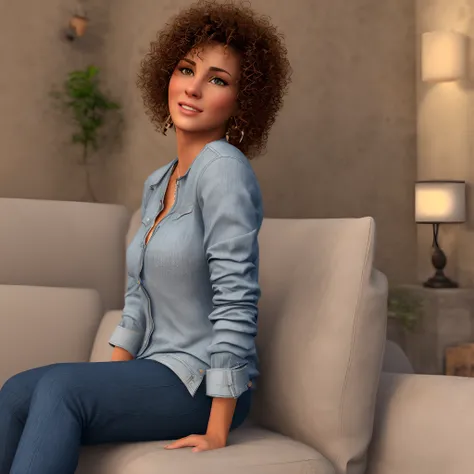 a woman looking straight at the viewer, brunette, curly hair, beautiful, realistic face, Disney character avatar face, wearing light, common clothes, full body, sitting on the couch, ultrarealistic image 8k resolution