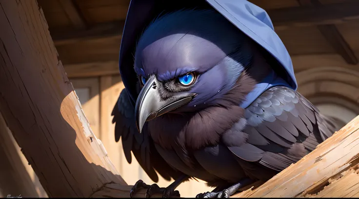 Blue eyes crow in a hood