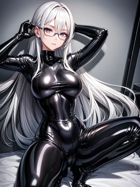 5 8K UHD、Silver-haired beauty wearing glasses and black latex slider suit is posing with open legs、Shiny black latex slider suit with hidden skin