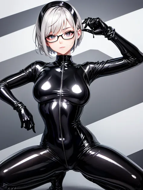 5 8K UHD、Silver short-haired beauty wearing glasses and black latex slider suit is posing with open legs、Shiny black latex slider suit with hidden skin