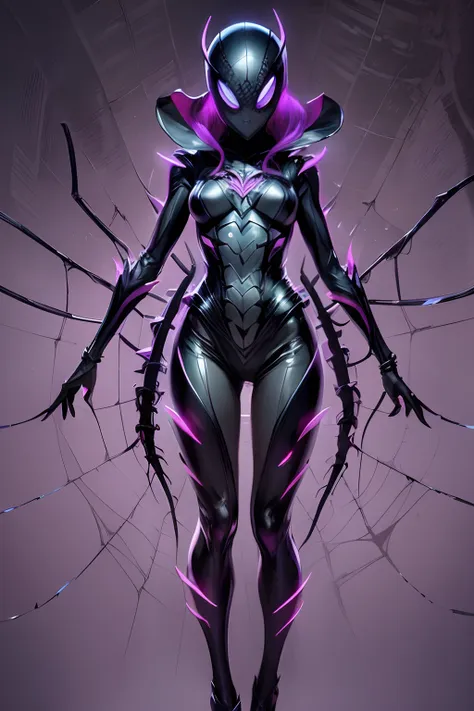 beautiful girl fused with a spider. she is biological armor. evil costume. shiny body suits. full body image.