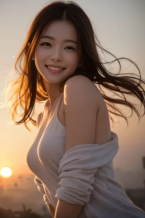 1womanl、(Super beautiful)、(beauitful face:1.5)、Smiling at the rising sun、The fog of dawn begins to melt、A bustling city awakens dreams、Turning around in the morning sun