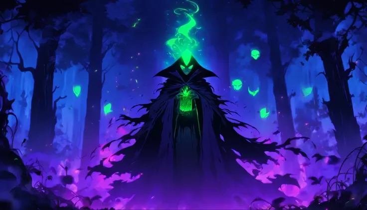 Tags: poisonous evil witch, terrible glowing purple spells, neon green, purple, dark atmosphere, spooky, eerie, sinister, magical, glowing eyes, long crooked nose, flowing black robes, enchanted forest, misty, haunting, foggy, creepy creatures, bats, spide...