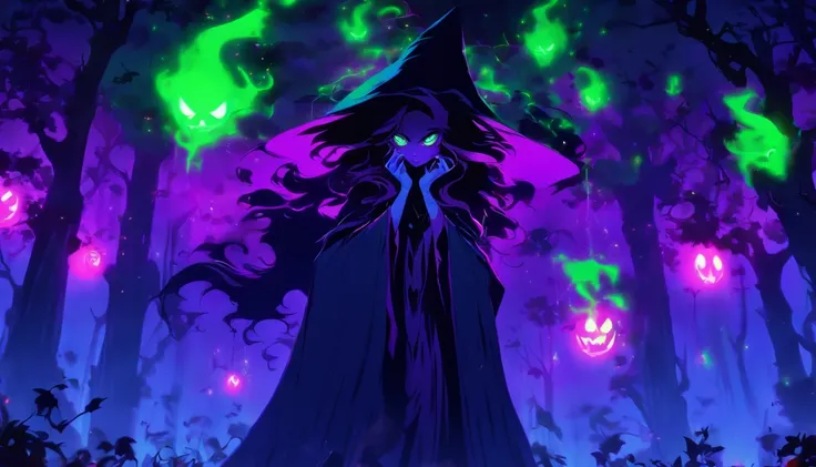 Tags: poisonous evil witch, terrible glowing purple spells, neon green, purple, dark atmosphere, spooky, eerie, sinister, magical, glowing eyes, long crooked nose, flowing black robes, enchanted forest, misty, haunting, foggy, creepy creatures, bats, spide...