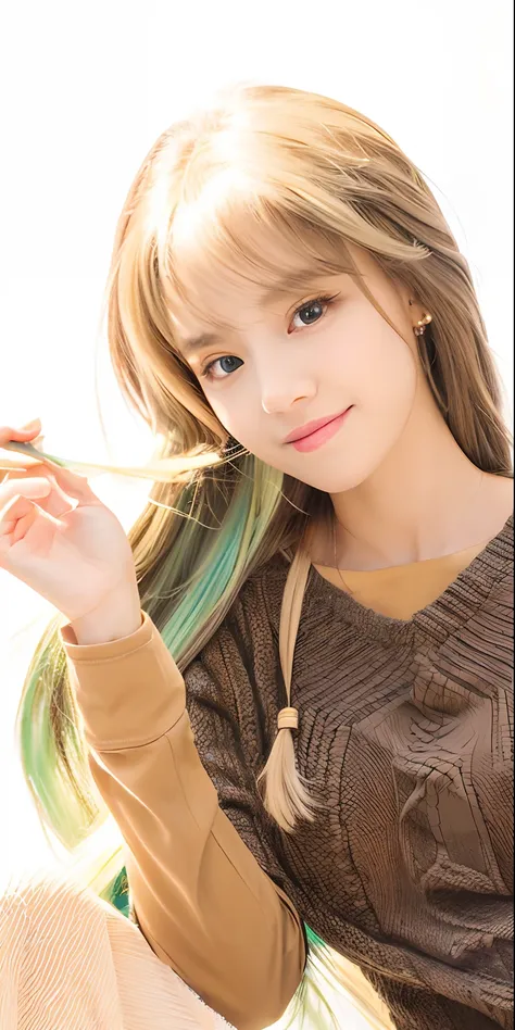 A girl , long brownish green hair, brown clothes, realistic