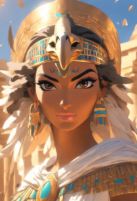 (((vulture crown, Egyptian woman))) best quality, very high resolution, 4K detailed CG, masterpiece, Egyptian mythology, Mut, Egypt, sun in the background, Ancient Egypt, standing pose, vulture crown, white clothes, Egyptian clothes, Egyptian temple, deser...