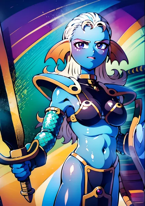 8K,High quality,Anime,married,Beautiful woman,Bright,Eye Highlights,Purple eyes,Sexy,ultra gigantic tits,oversized tits,Dark blue ,Erotic,beautiful line art. Blue skin, Blue and orange gradient fins, Black Bikini Armor, holding swords, Holding Shield, Beje...