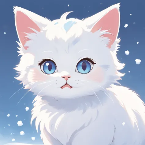 Flat illustration of a snow-white kitten、only face、funny expression、solid color、White background、outline、Bold Line