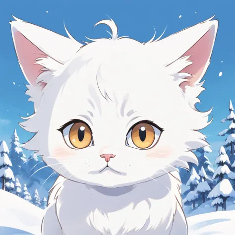 Flat illustration of a snow-white kitten、only face、funny expression、solid color、White background、outline、Bold Line