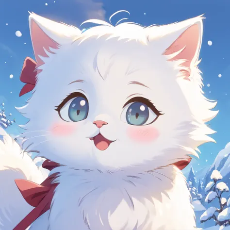 Flat illustration of a snow-white kitten、only face、funny expression、solid color、White background、outline、Bold Line