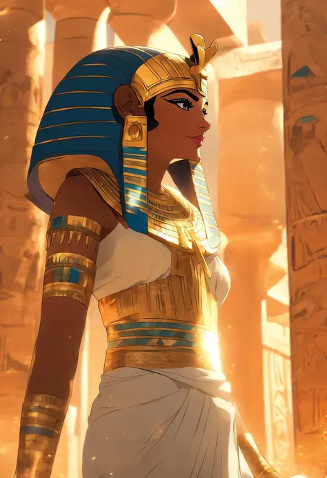 (((cleopatra, Egyptian woman))) best quality, very high resolution, 4K detailed CG, masterpiece, Egyptian mythology, Mut, Egyptian, sun in the background, Ancient Egypt, standing pose, vulture adornment, white clothes , Egyptian clothing , Egyptian temple,...