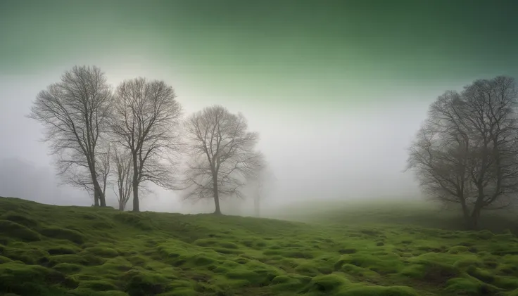 High- sharpness，Master masterpieces，Fuji，RAW photos，（fidelity：1.4），Poster effect，The base color is bright，Large area of green，Natural light， Large grasslands，There was a bit of fog，springtime，The main color is green，small stream，Three small stones by the c...