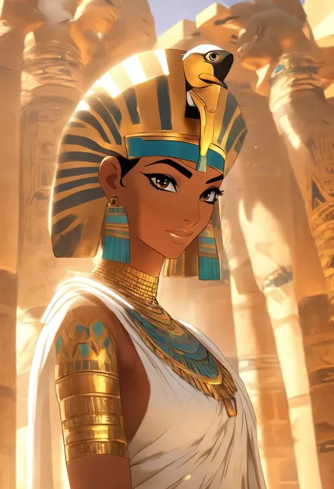 (((adornment, Egyptian woman))) best quality, very high resolution, 4K detailed CG, masterpiece, Egyptian mythology, Mut, Egyptian, sun in the background, Ancient Egypt, standing pose, vulture adornment, white clothes , Egyptian clothing , Egyptian temple,...