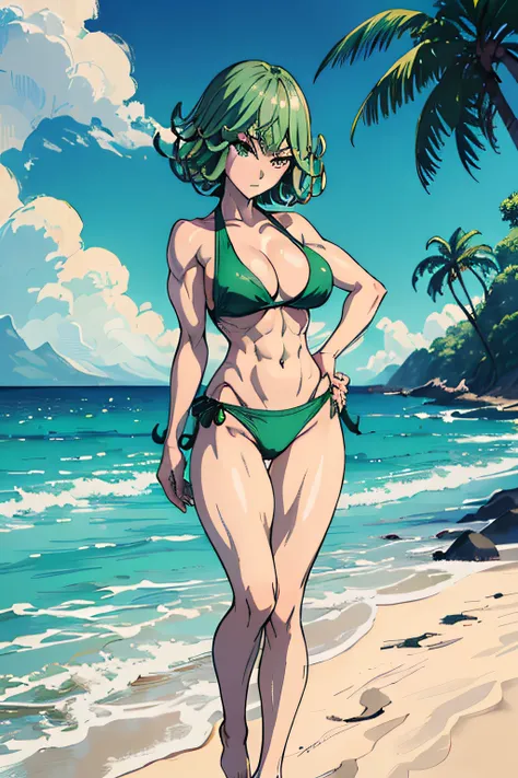 masterpiece, best quality, 1girl, alone, breasts, green eyes, looking at viewer, medium_breasts, full body, standing, ((hands on waist)), (thin waist), wearing green bikini, on the beach , green hair, (Tatsumaki: 1.7), beautiful thighs, faithful to the ani...