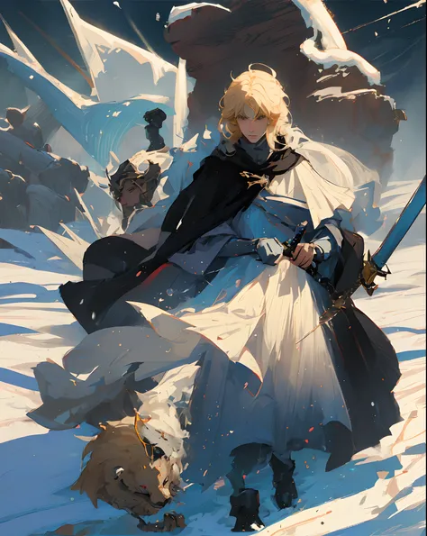 light blonde anime boy with black cloak, wears a bow and sword, cold landscape, snow, ice