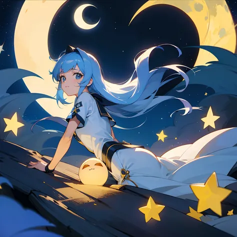 (modo anime), noche de luna llena con estrellas, chica de pelo azul claro sentada en un banco de piedra