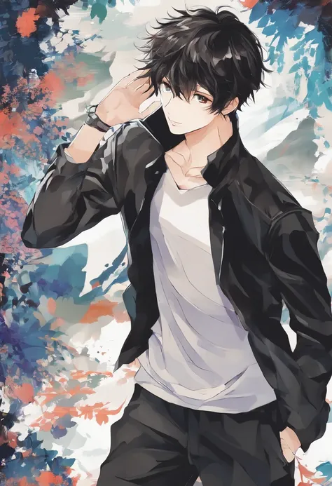 Art manga, European, cheveux noirs, Jeune homme, black clothing, regard confiant, casual, yeux marron