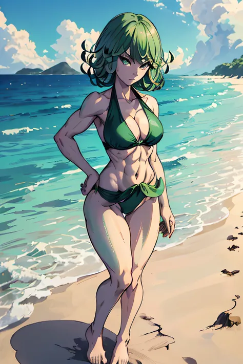 masterpiece, best quality, 1girl, alone, breasts, green eyes, looking at viewer, medium_breasts, full body, standing, ((hands on waist)), (thin waist), wearing green bikini, on the beach , green hair, (Tatsumaki: 1.7), beautiful thighs, faithful to the ani...