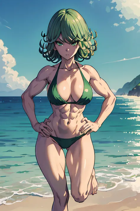 masterpiece, best quality, 1girl, alone, breasts, green eyes, looking at viewer, medium_breasts, full body, standing, ((hands on waist)), (thin waist), wearing green bikini, on the beach , green hair, (Tatsumaki: 1.7), beautiful thighs, faithful to the ani...