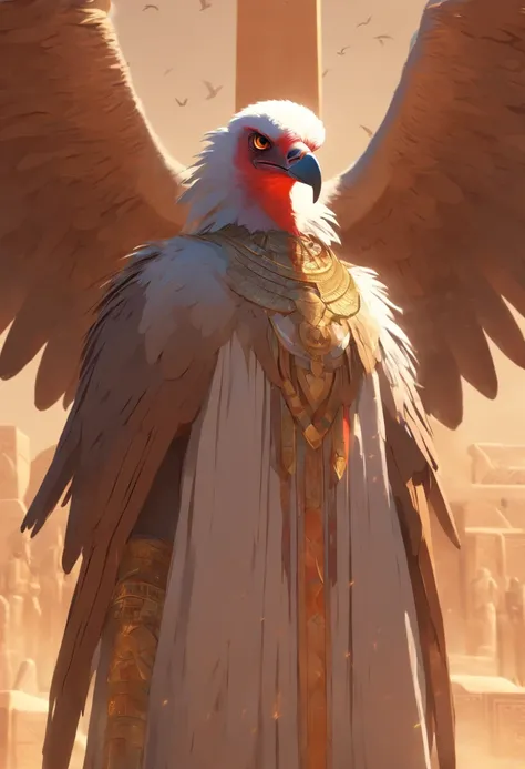 (((Vulture God))) best quality, very high resolution, 4K detailed CG, masterpiece, Egyptian mythology, Nekhbet, adornment, sun in the background, Ancient Egypt, standing pose, vulture adornment, white clothes, clothes Egyptian, Egyptian temple, desert, Anc...