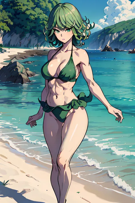 masterpiece, best quality, 1girl, alone, breasts, green eyes, looking at viewer, medium_breasts, full body, standing, ((hands on waist)), (thin waist), wearing green bikini, on the beach , green hair, (Tatsumaki: 1.7), beautiful thighs, faithful to the ani...