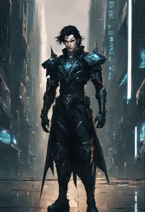 A fierce black-haired elf man with pale skin stands tall in a futuristic cyberpunk world, with a scar on his face, a 30 year old man, their piercing gaze fixed on the viewer. Their black shirt is adorned with intricate cybernetic designs, a symbol of their...