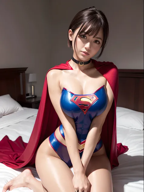 (Best Quality,4K,8K,hight resolution,masutepiece:1.2),Ultra-detailed,Realistic:1.37,masutepiece,Lying in bed、Short-haired Supergirl seducing by crossing her legs、large full breasts、Looking at the camera、Glossy costume、a choker、Shiny bright red enamel boots...