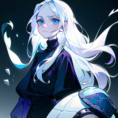 1 girl, ((solo)), a girl with long white hair, pale skin, slim body, black turtle neck sweater, emotionless face, ice background, Palatinate Blue eyes, big eyes