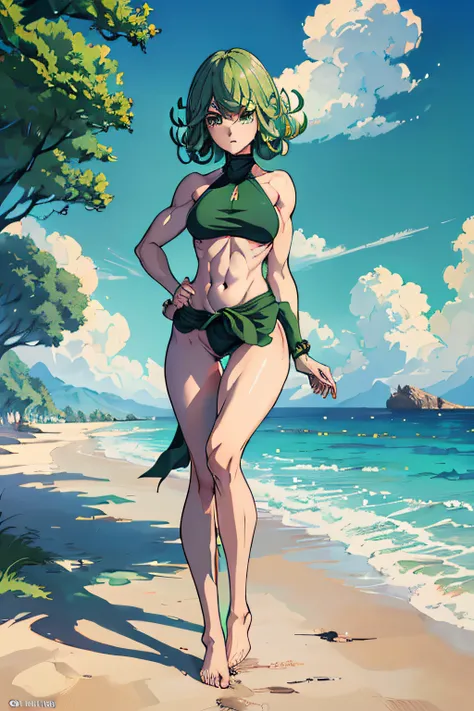 masterpiece, best quality, 1girl, alone, breasts, green eyes, looking at viewer, medium_breasts, full body, standing, ((hands on waist)), (thin waist), wearing green bikini, on the beach , green hair, (Tatsumaki: 1.7), beautiful thighs, faithful to the ani...