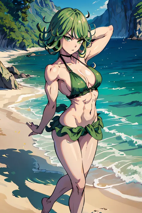 masterpiece, best quality, 1girl, alone, breasts, green eyes, looking at viewer, medium_breasts, full body, standing, ((hands on waist)), (thin waist), wearing green bikini, on the beach , green hair, (Tatsumaki: 1.7), beautiful thighs, faithful to the ani...