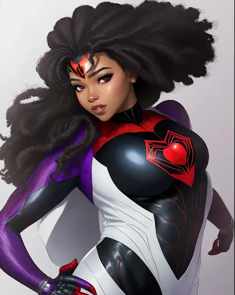 make me an afro-latina spiderwoman superhero with tan skin, long black straightened hair, and purple irises with a heart shaped purple spider logo on her white suit in marvel comic art style