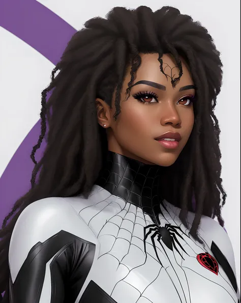 make me an afro-latina spiderwoman superhero with tan skin, long black straightened hair, and purple irises with a heart shaped purple spider logo on her white suit in marvel comic art style