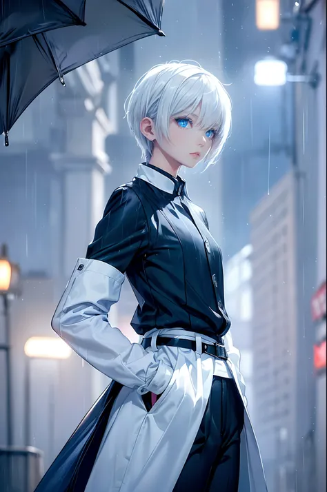 ((4K works))、​masterpiece、(top-quality)、1 beutiful girl、Slim body、tall、((Black Y-shirt and white pants、Charming street style))、Please wear one jacket、(Detailed beautiful eyes)、Morning City、((Rainy city))、Fashionable city with morning rain、((Face similar to...