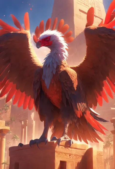 (((God Vulture))) best quality, very high resolution, detailed CG in 4K, masterpiece, Egyptian mythology, Nekhbet, adornment, sun in the background, Ancient Egypt, standing pose, blue and red feathers, Egyptian temple, desert, Ancient Egypt, ((vulture god)...