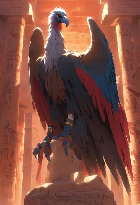 (((God Vulture))) best quality, very high resolution, detailed CG in 4K, masterpiece, Egyptian mythology, Nekhbet, adornment, sun in the background, Ancient Egypt, standing pose, blue and red feathers, Egyptian temple, desert, Ancient Egypt, ((vulture god)...