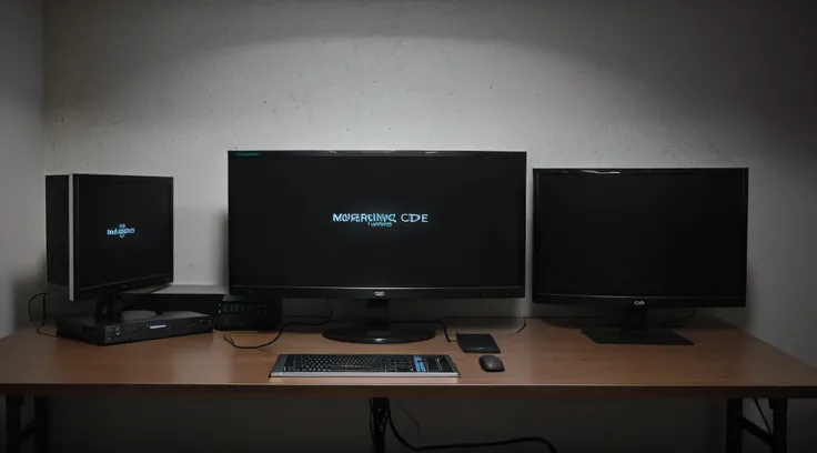 3 monitors on the table with a single mouse and keyboard, mesa de madeira, Monitors full of programming code, Dark environment with an emphasis on light from monitors.