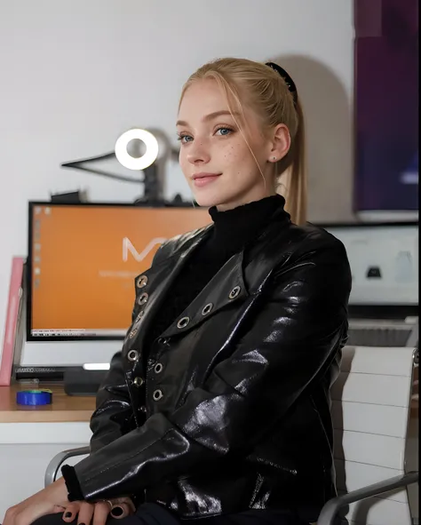 Rosto de uma mulher, americana, 25 anos, pale skin and freckles, olhos cinzas, nariz delicado, soft and delicate lips, cabelo blondie cinza ponytail, sorriso meigo,