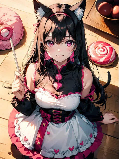 1 girl, character focus, close to viewer, (upper body), (holding a big lollipop) , (stick out tongue), cat ears hairband ,black hair, pale pink eyes,smile,floating many candys and cookies  ,high resolution,(incredibly absurdres),anime visual,extremely deta...