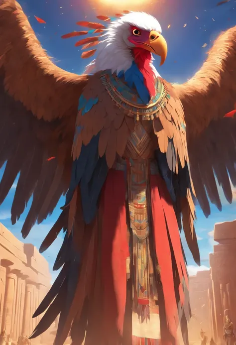 (((God Vulture))) best quality, very high resolution, detailed CG in 4K, masterpiece, Egyptian mythology, Nekhbet, Egyptian adornment, sun in the background, Ancient Egypt, standing pose, blue and red feathers, Egyptian temple , desert, Ancient Egypt, ((Eg...